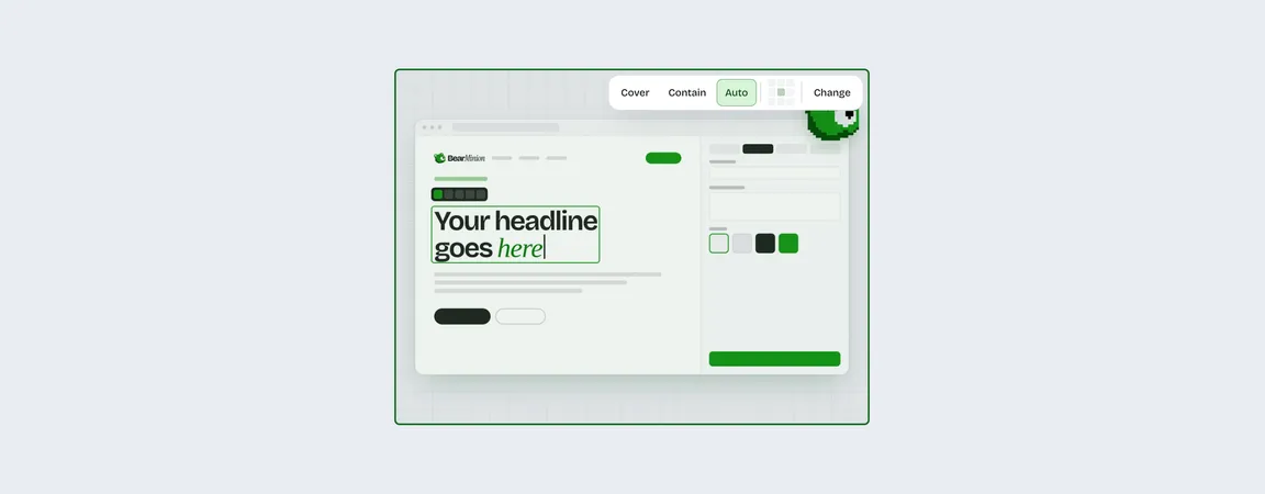 An image on the page with its bar: Cover, Contain or Auto, a position grid, and Change