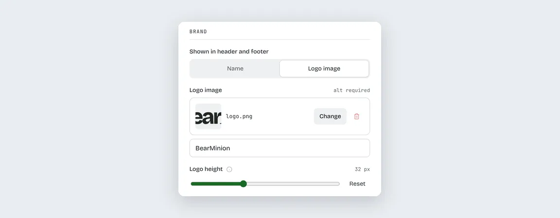 The Navigation tab brand settings: the name or a logo image, and the logo height