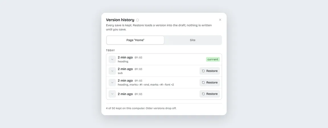 Version history: every save of the page, with a Restore button on each